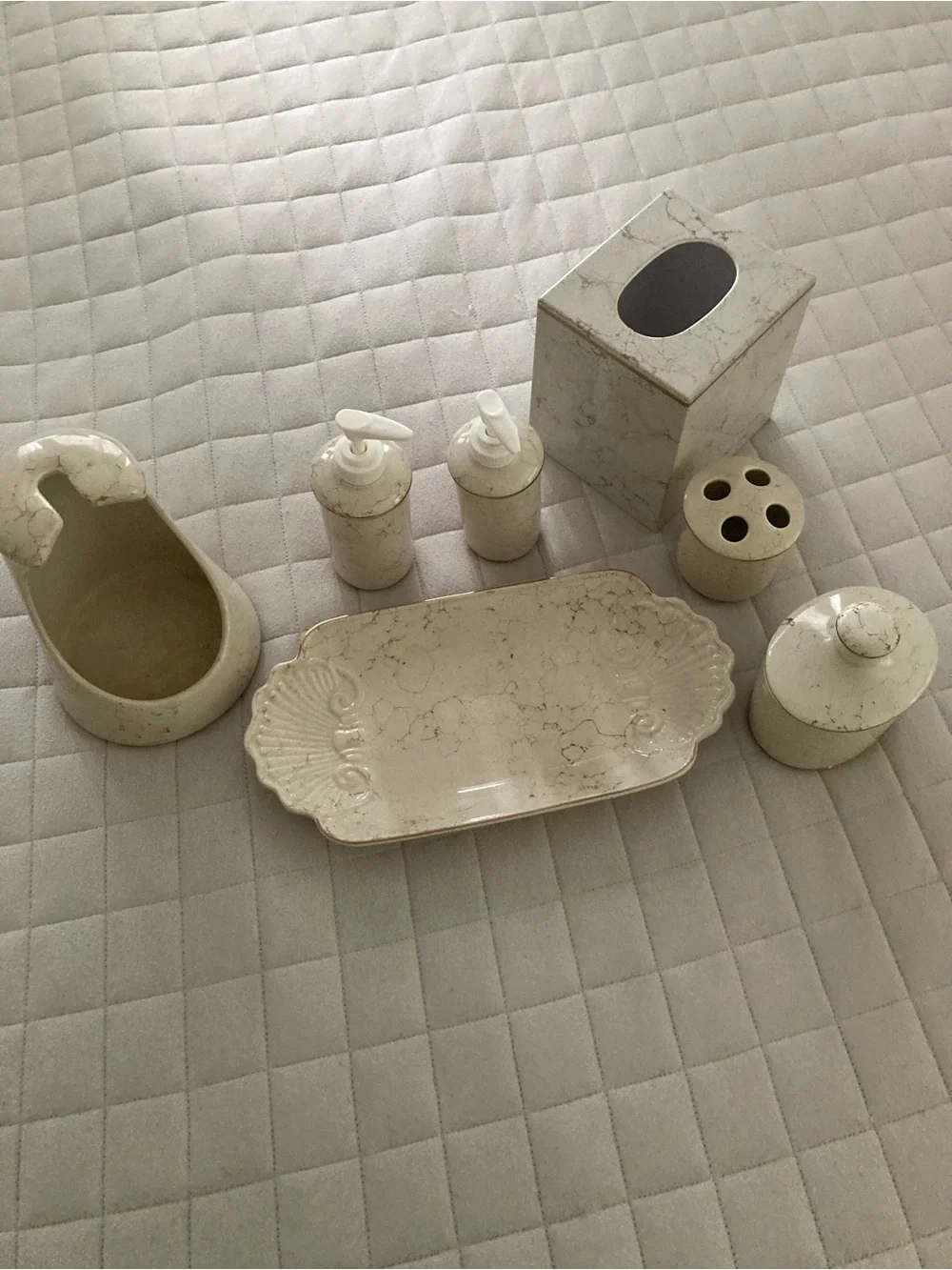 Cream/Beige Marble Style Bathroom Ceramic Accessory Set - 7-Piece